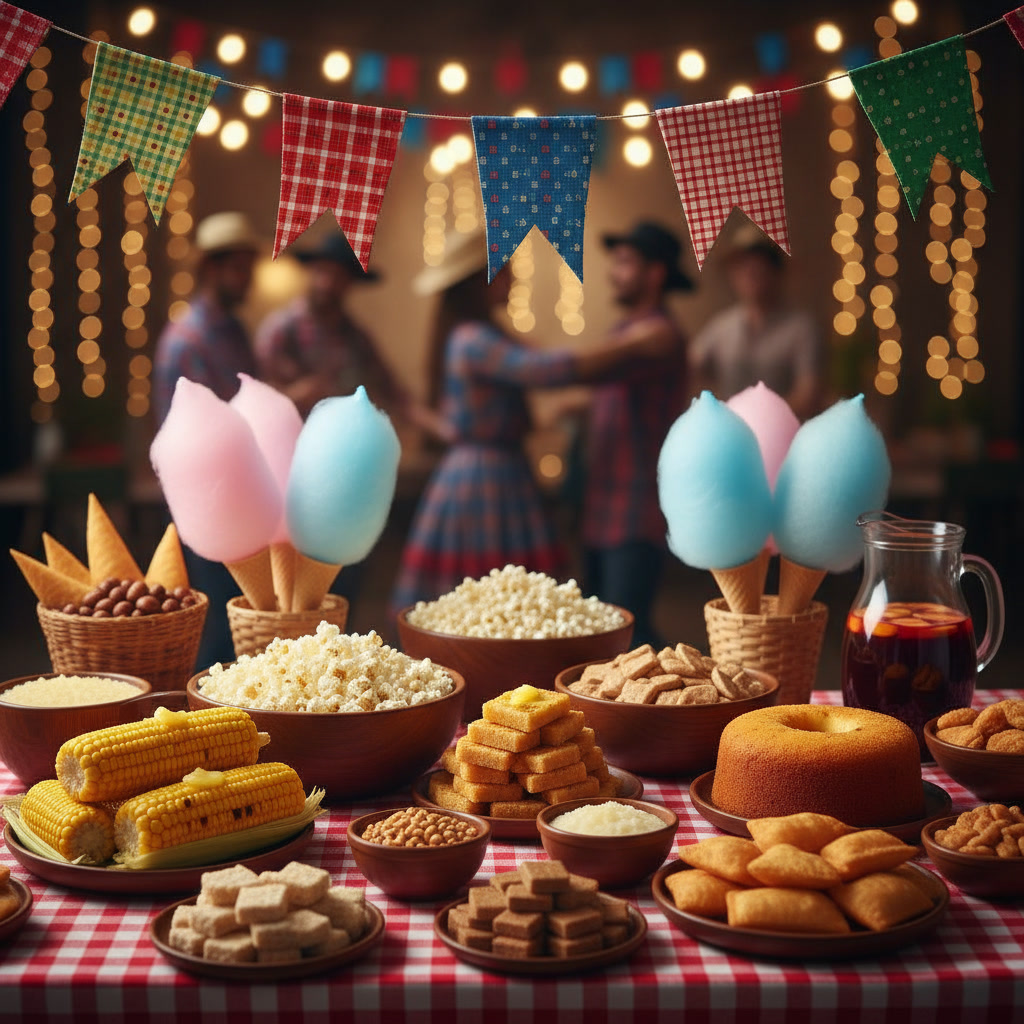 Mesa de festa junina com comidas típicas, bandeirinhas coloridas e toalha quadriculada