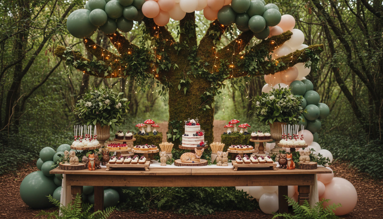 Decoração tema bosque encantado para festa infantil com mesa de doces rústica, balões verdes e rosa, e estrutura de madeira com musgo