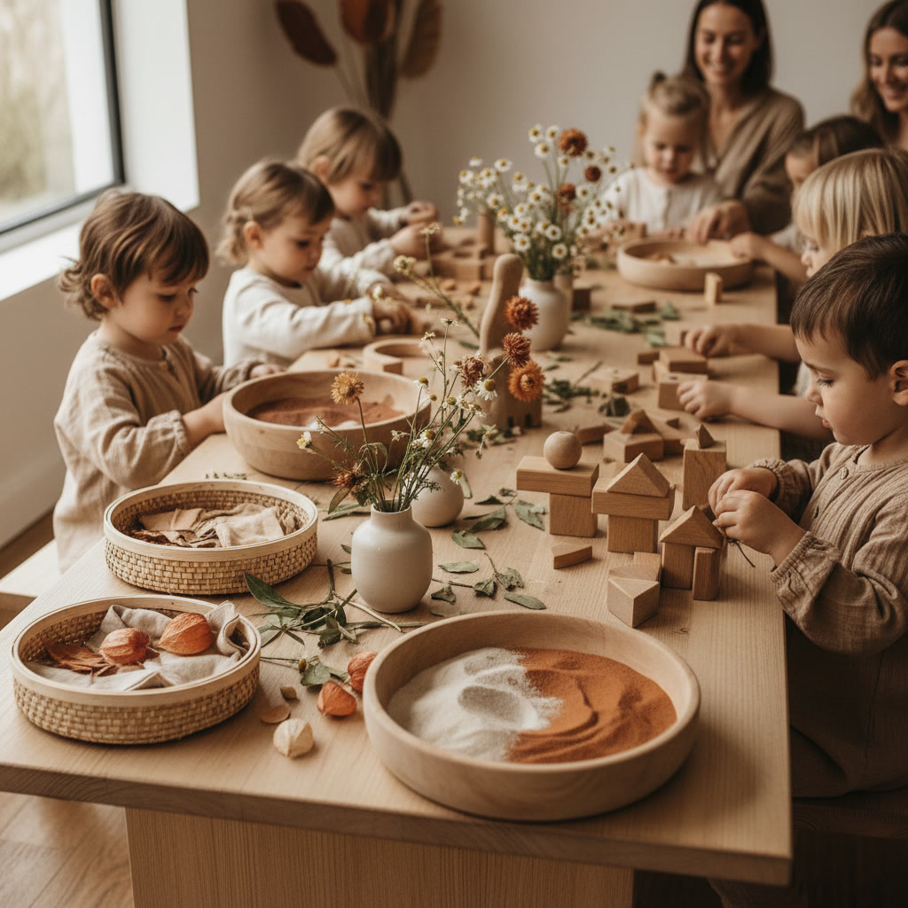 Mesa de festa infantil estilo montessoriano com brinquedos de madeira e materiais sensoriais em tons neutros