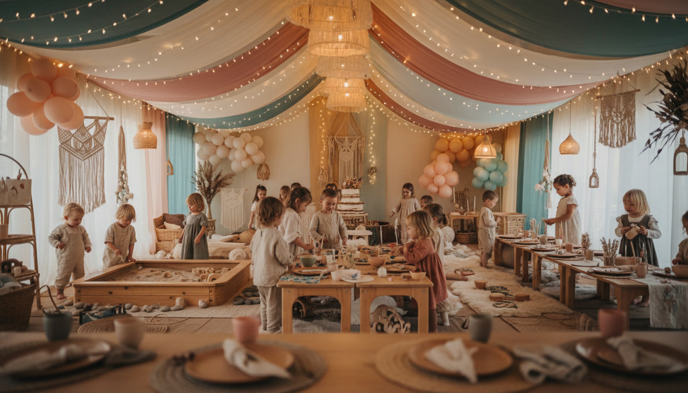 Cenário de festa infantil imersiva com decoração colorida, balões orgânicos e elementos naturais