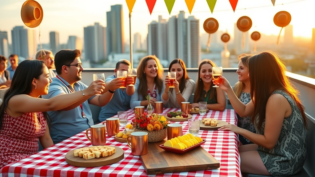 Festa junina corporativa em rooftop com mesa junina, bandeirinhas, quentão e fogueira cenográfica