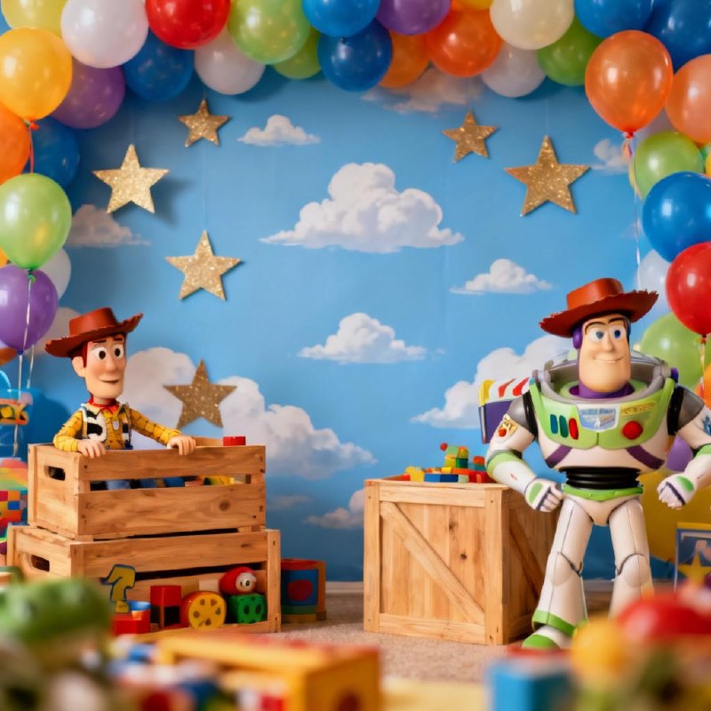 Festa infantil tema Toy Story com decoração colorida e balões