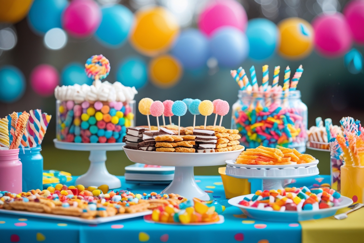 Mesa de guloseimas coloridas decorada com balões para festa infantil